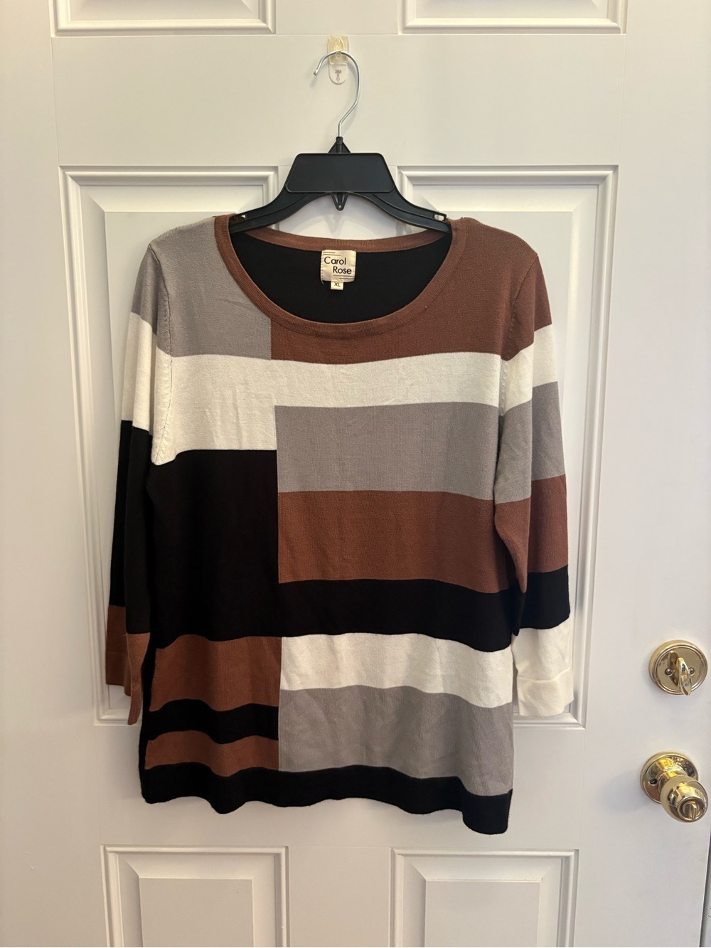 Carol Rose Long-Sleeve Colorblock Scoop Neck Top — Brown Black Gray Cream